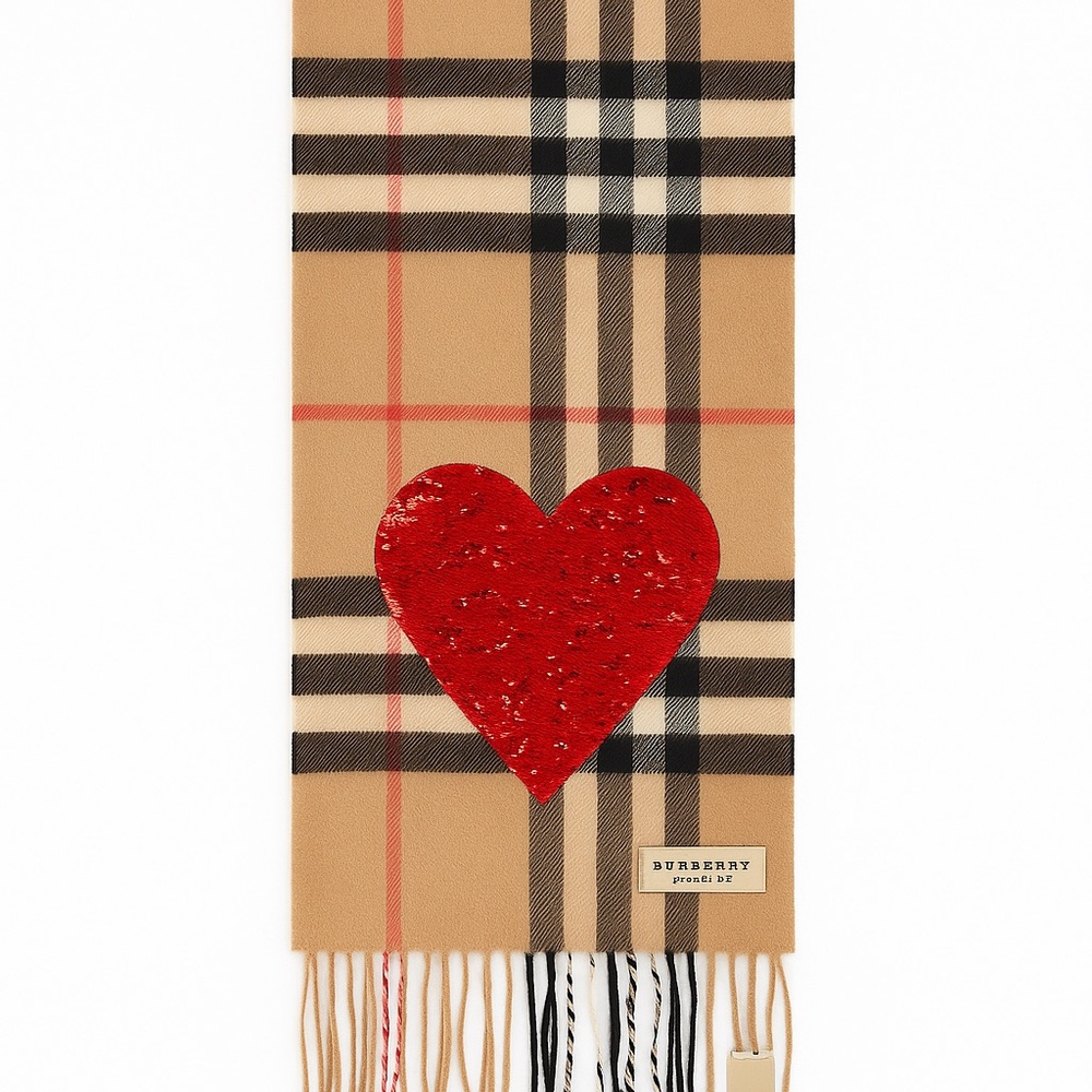 Burberry Beige Check Scarf with Red Heart